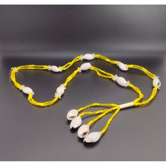 Vintage 23" Beaded Cowrie Shell Necklace Y Drop Long Tassel Yellow White Plastic - Picture 6 of 6